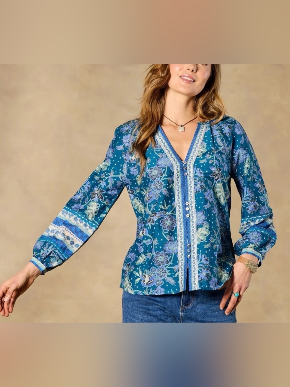 Sundance Arvilla Floral Boho Blue Balloon Sleeve Cotton Silk Blouse Large